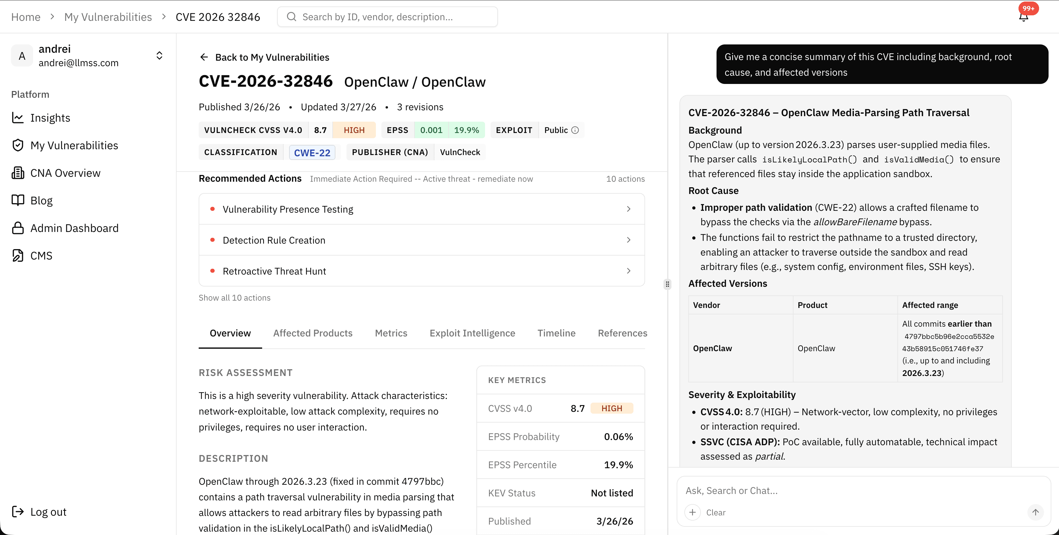 RadicalNotion.AI dashboard showing CVE monitoring and vulnerability intelligence