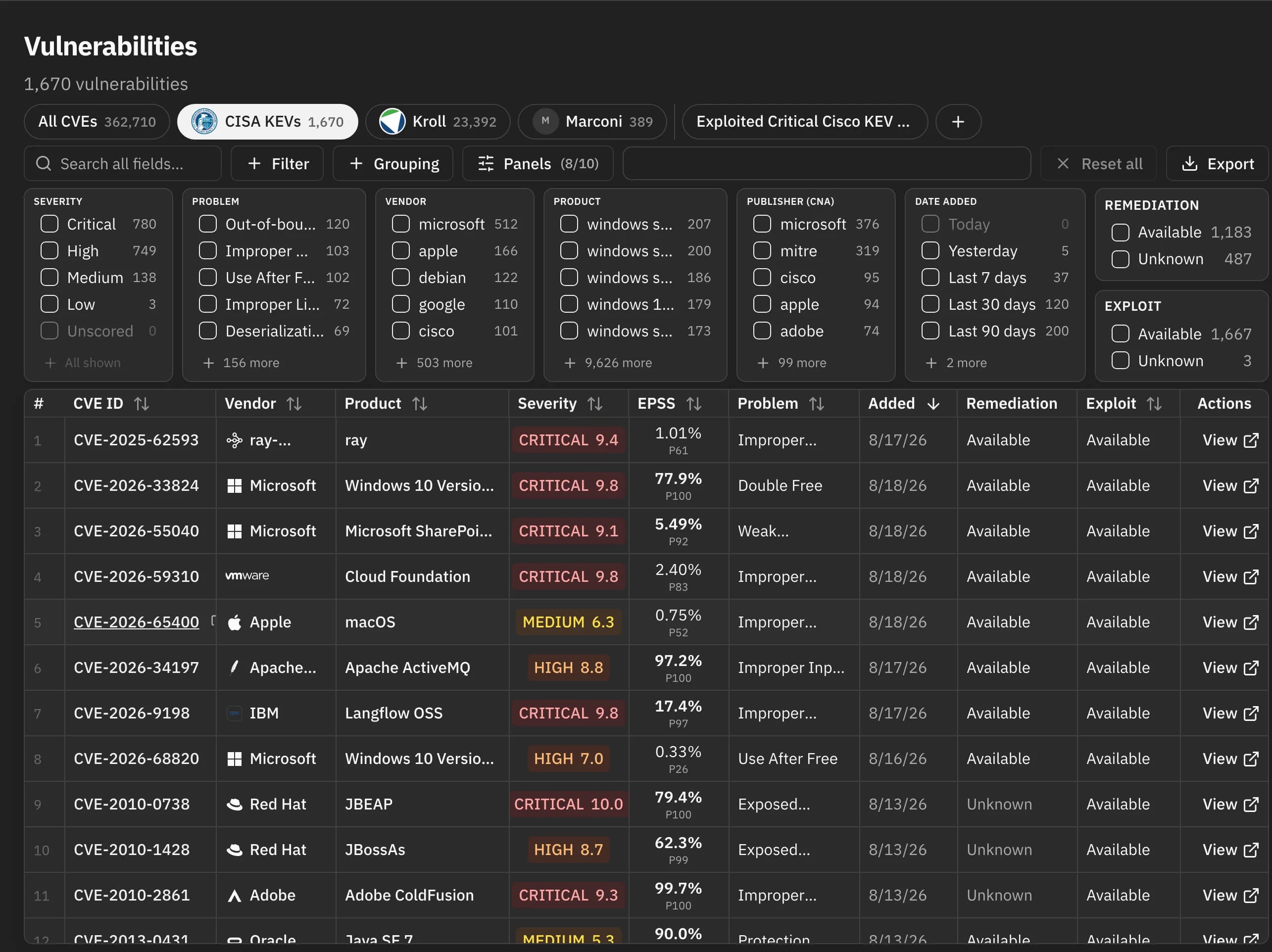 RadicalNotion vulnerability list with faceted filters across severity, vendor, product, and CISA KEV status